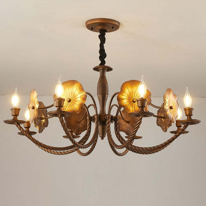 French Petunia Curved Branch Copper Glass Chandelier