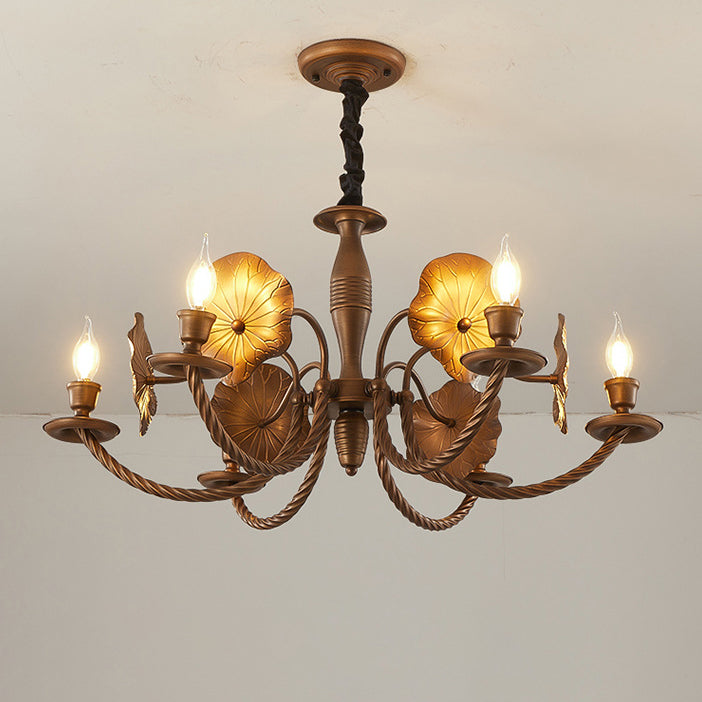 French Petunia Curved Branch Copper Glass Chandelier