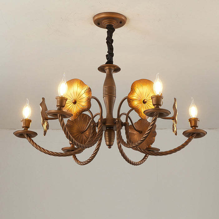 French Petunia Curved Branch Copper Glass Chandelier