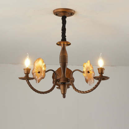 French Petunia Curved Branch Copper Glass Chandelier