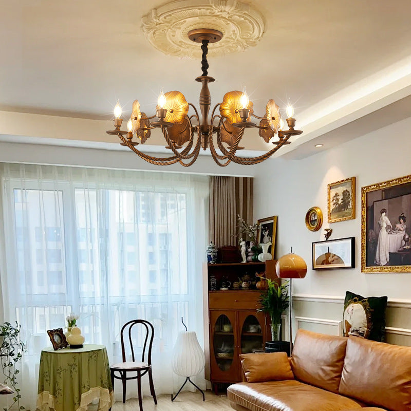 French Petunia Curved Branch Copper Glass Chandelier