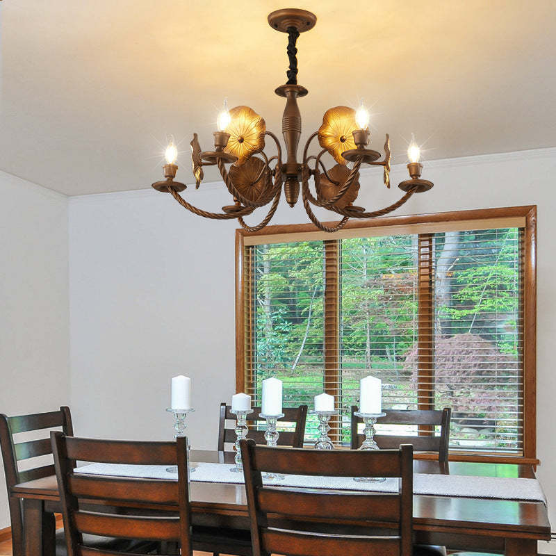 French Petunia Curved Branch Copper Glass Chandelier