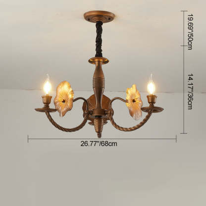 French Petunia Curved Branch Copper Glass Chandelier