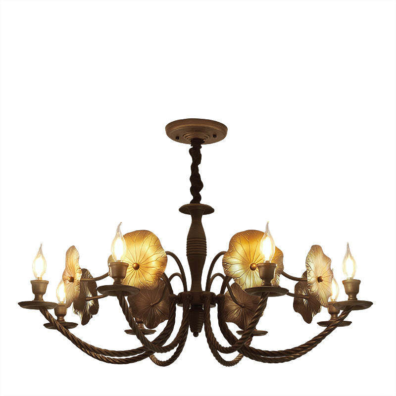 French Petunia Curved Branch Copper Glass Chandelier
