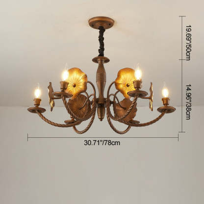 French Petunia Curved Branch Copper Glass Chandelier