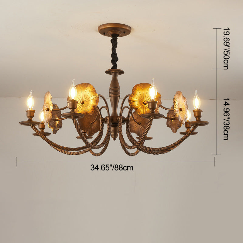 French Petunia Curved Branch Copper Glass Chandelier