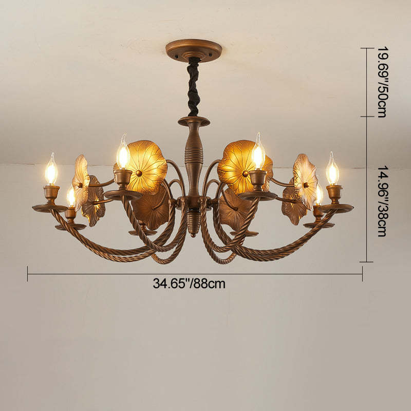 French Petunia Curved Branch Copper Glass Chandelier