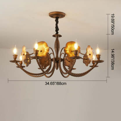 French Petunia Curved Branch Copper Glass Chandelier