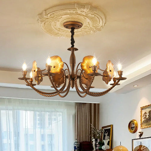 French Petunia Curved Branch Copper Glass Chandelier