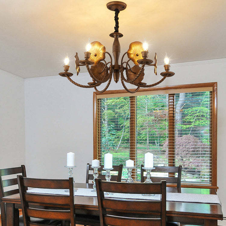 French Petunia Curved Branch Copper Glass Chandelier