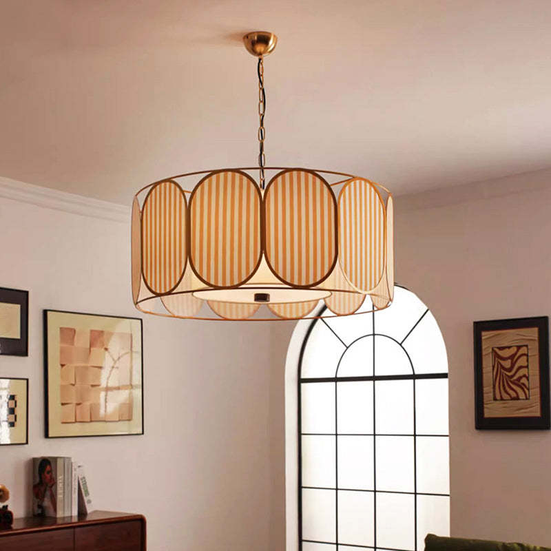 French Striped Floral Fabric Chandelier — Beige + Gold / 110V-120V For US/CA