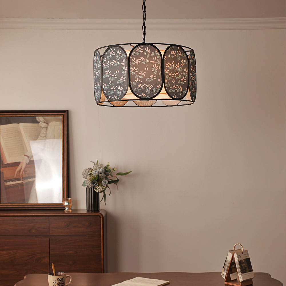 French Striped Floral Fabric Chandelier