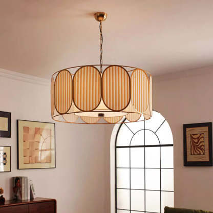 French Striped Floral Fabric Chandelier — Beige + Gold / 110V-120V For US/CA