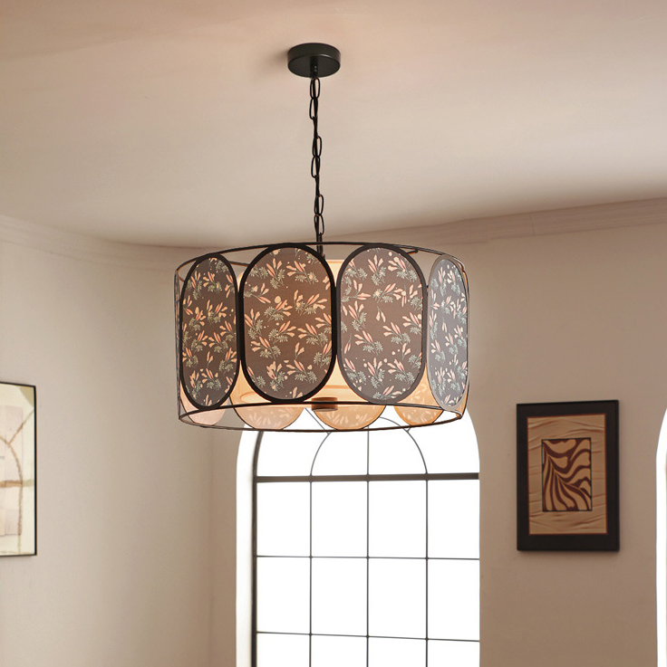 French Striped Floral Fabric Chandelier — Beige + Gold / 220V-240V For UK/AU