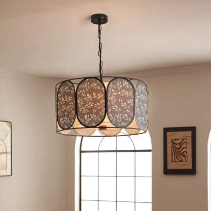 French Striped Floral Fabric Chandelier — Beige + Gold / 220V-240V For UK/AU