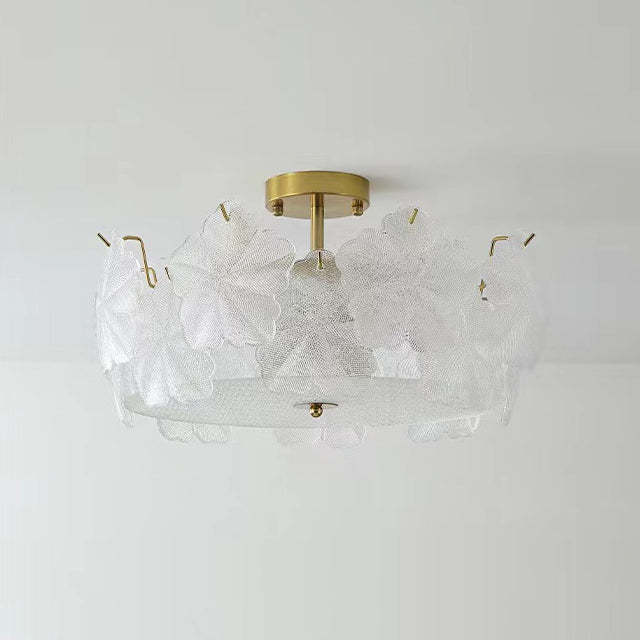 French Snowflake Glass Iron Semi-Flush Ceiling Light