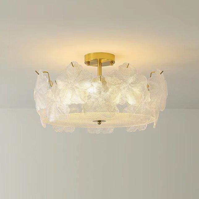 French Snowflake Glass Iron Semi-Flush Ceiling Light