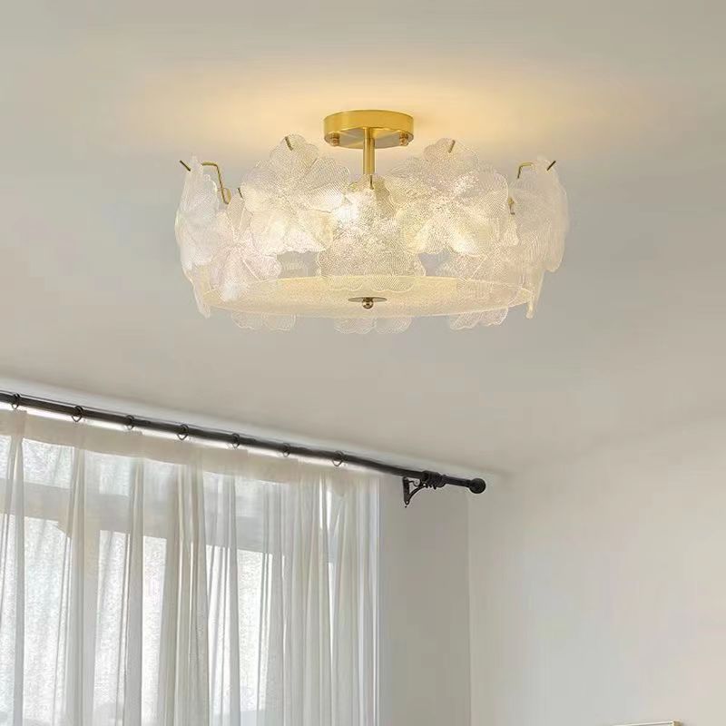 French Snowflake Glass Iron Semi-Flush Ceiling Light