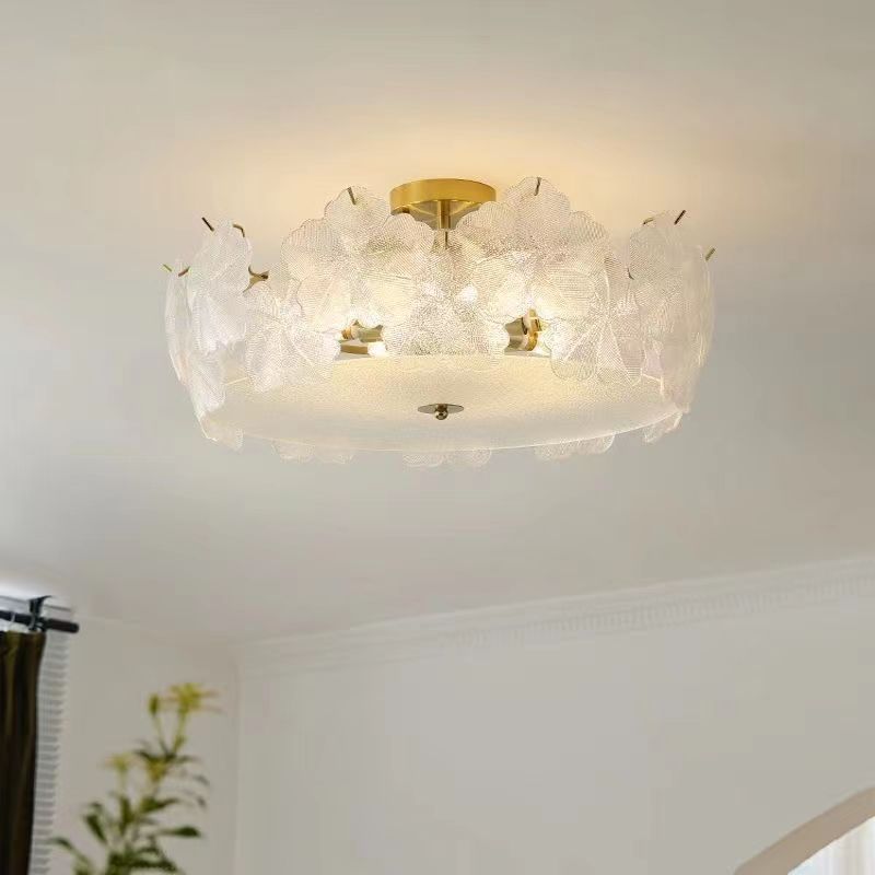 French Snowflake Glass Iron Semi-Flush Ceiling Light