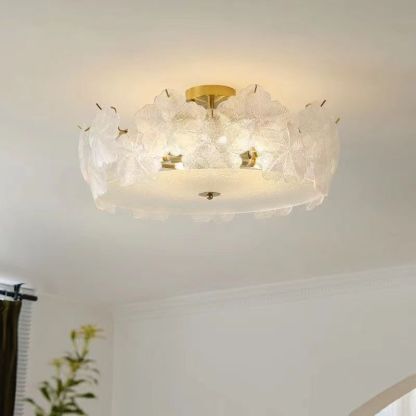 French Snowflake Glass Iron Semi-Flush Ceiling Light