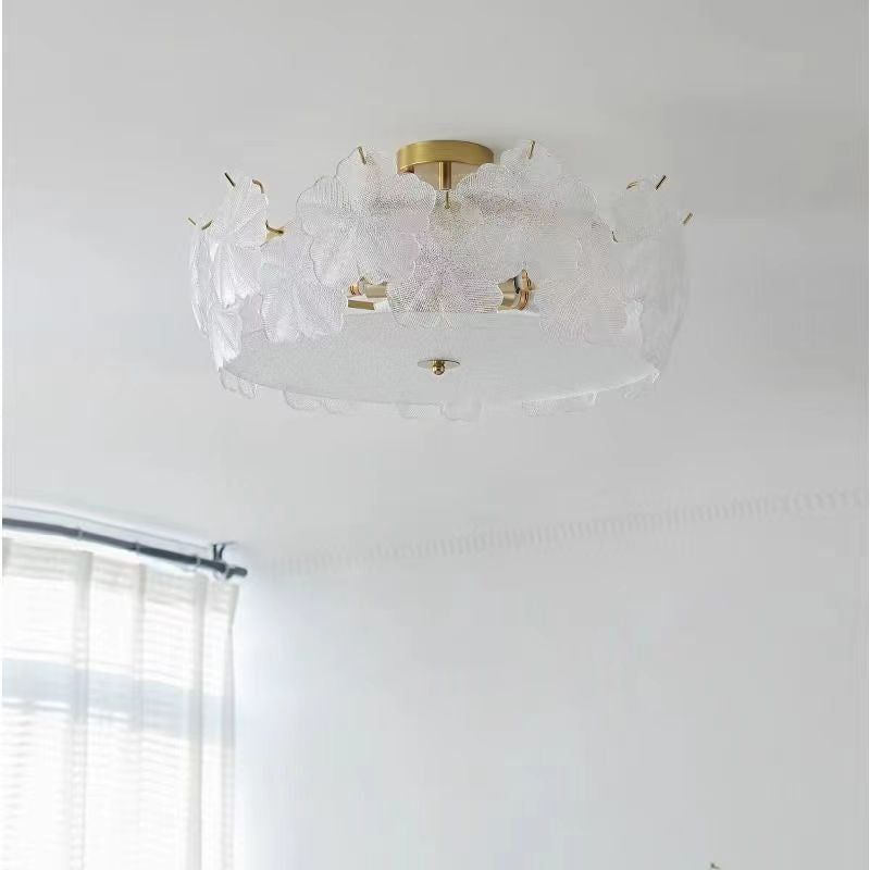 French Snowflake Glass Iron Semi-Flush Ceiling Light