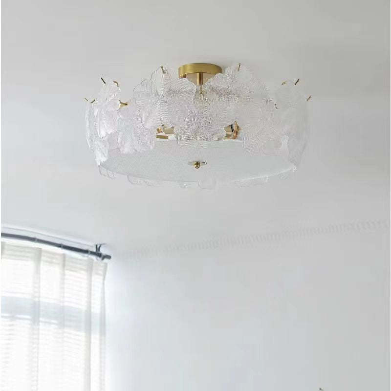 French Snowflake Glass Iron Semi-Flush Ceiling Light