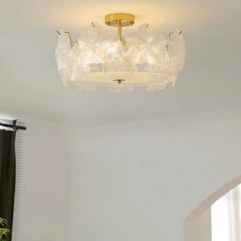 French Snowflake Glass Iron Semi-Flush Ceiling Light