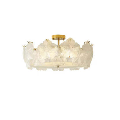 French Snowflake Glass Iron Semi-Flush Ceiling Light