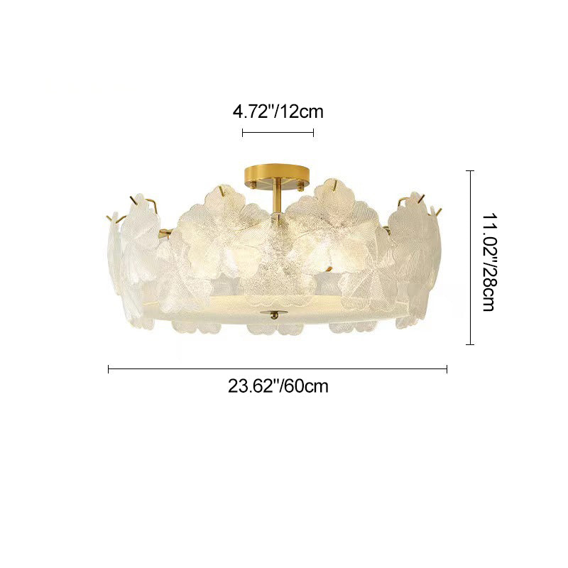 French Snowflake Glass Iron Semi-Flush Ceiling Light