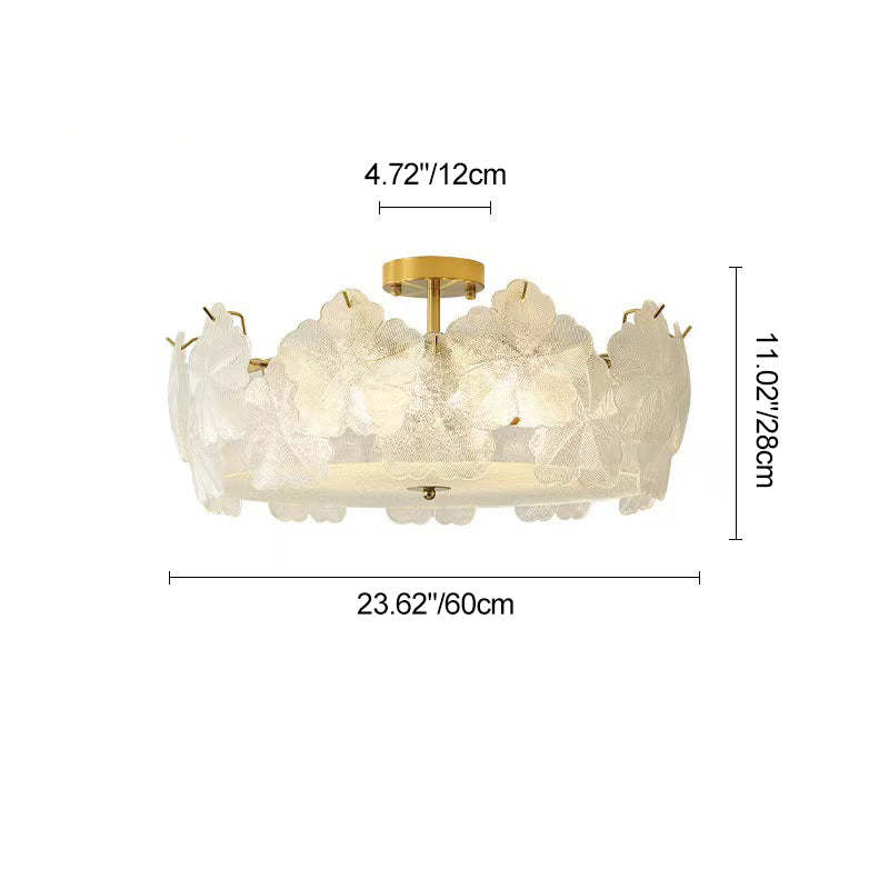 French Snowflake Glass Iron Semi-Flush Ceiling Light