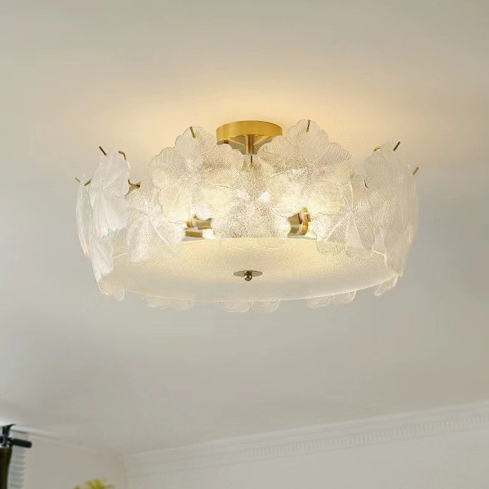 French Snowflake Glass Iron Semi-Flush Ceiling Light
