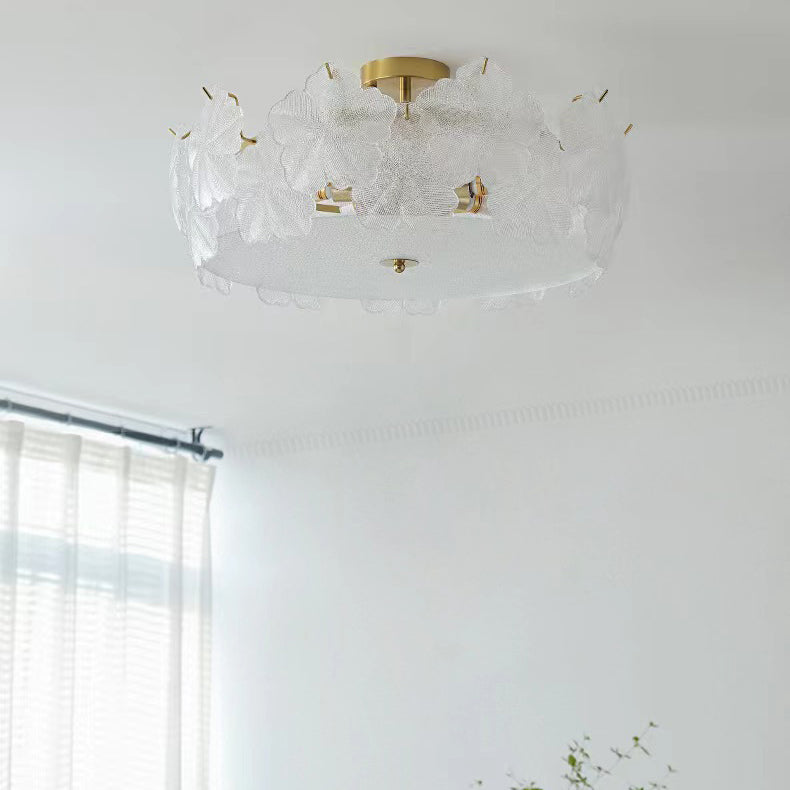 French Snowflake Glass Iron Semi-Flush Ceiling Light
