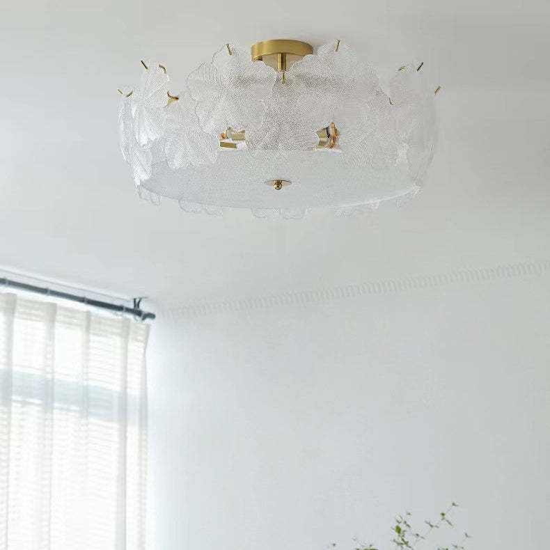 French Snowflake Glass Iron Semi-Flush Ceiling Light