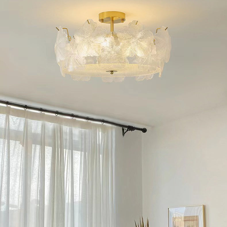 French Snowflake Glass Iron Semi-Flush Ceiling Light