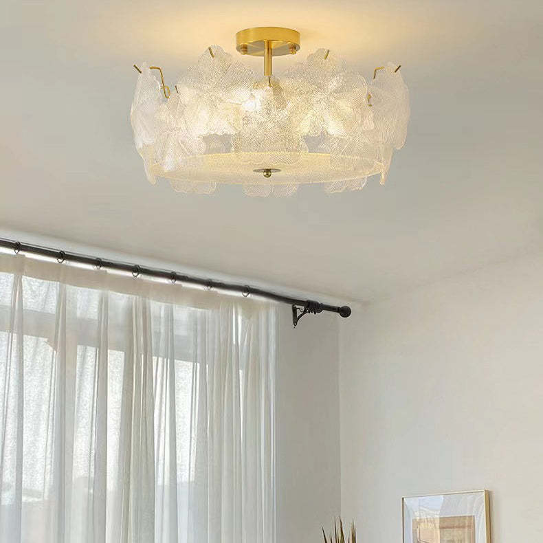 French Snowflake Glass Iron Semi-Flush Ceiling Light