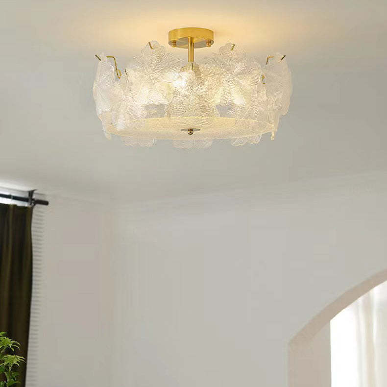 French Snowflake Glass Iron Semi-Flush Ceiling Light