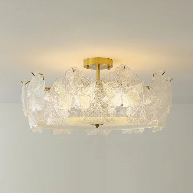 French Snowflake Glass Iron Semi-Flush Ceiling Light