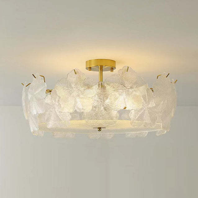 French Snowflake Glass Iron Semi-Flush Ceiling Light