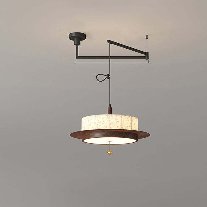 French Round Cylinder Floral Fabric Wood LED Chandelier