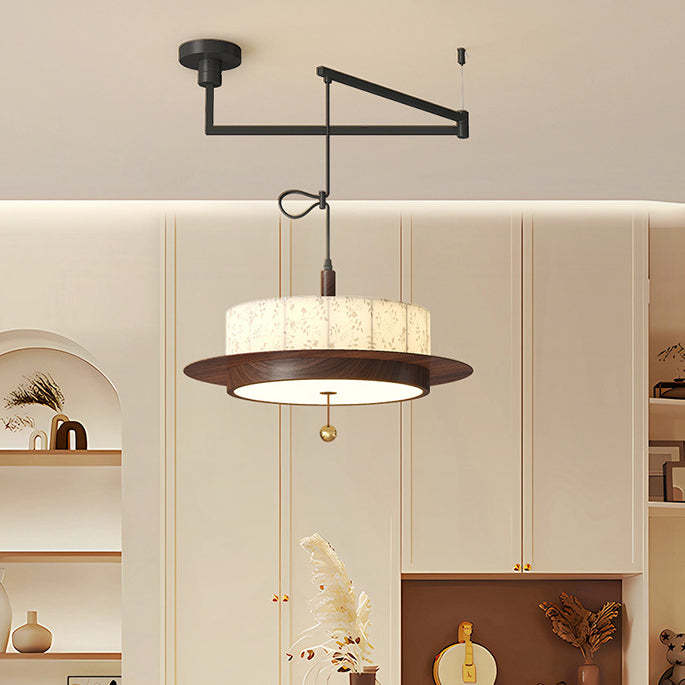 French Round Cylinder Floral Fabric Wood LED Chandelier