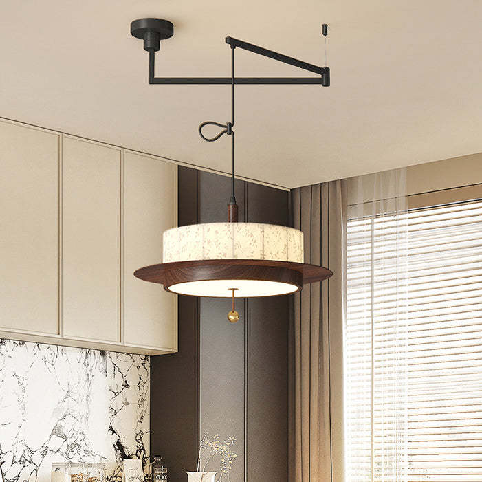 French Round Cylinder Floral Fabric Wood LED Chandelier