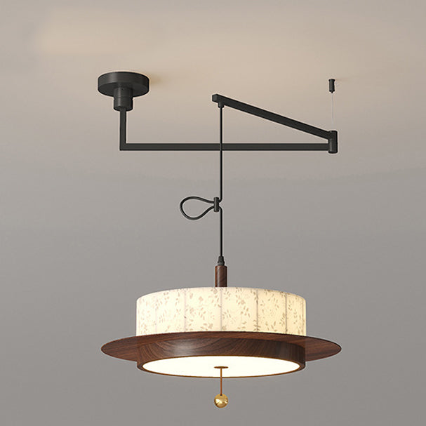French Round Cylinder Floral Fabric Wood LED Chandelier
