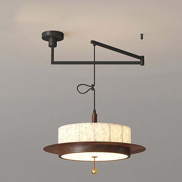 French Round Cylinder Floral Fabric Wood LED Chandelier