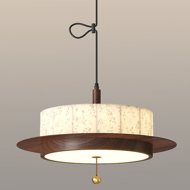 French Round Cylinder Floral Fabric Wood LED Chandelier