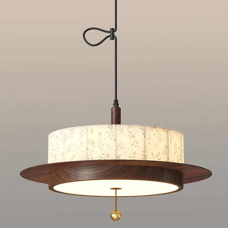 French Round Cylinder Floral Fabric Wood LED Chandelier
