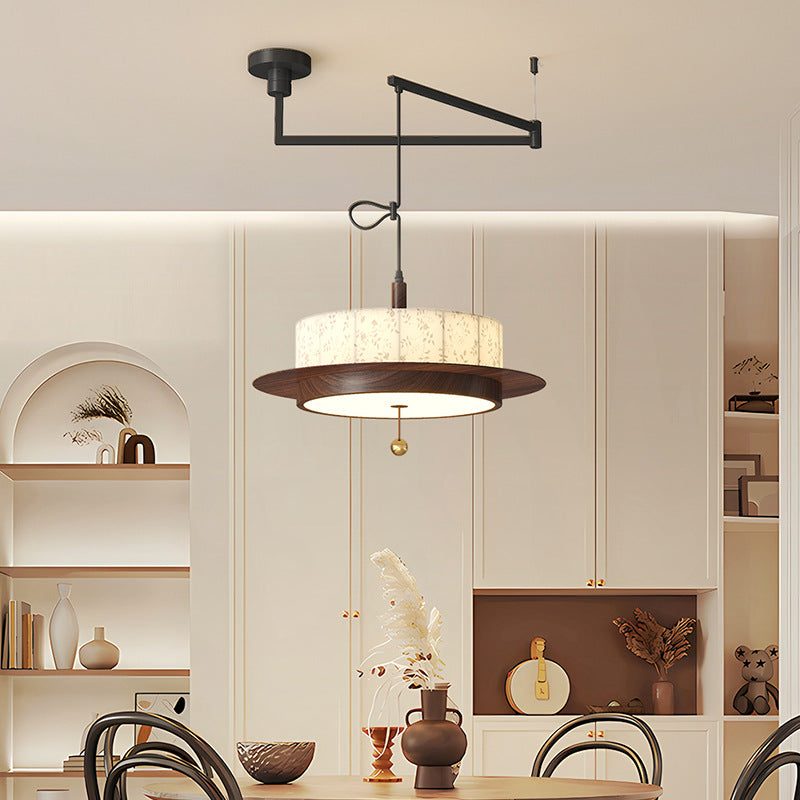 French Round Cylinder Floral Fabric Wood LED Chandelier