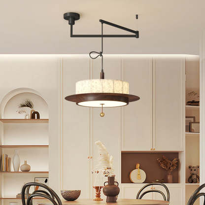 French Round Cylinder Floral Fabric Wood LED Chandelier