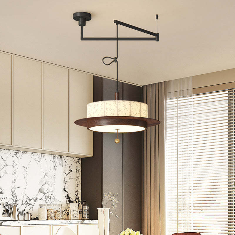 French Round Cylinder Floral Fabric Wood LED Chandelier