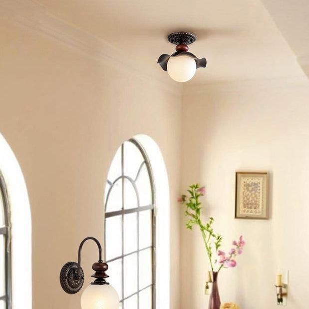 French Iron Corrugated Orb 1-Light Ceiling Light