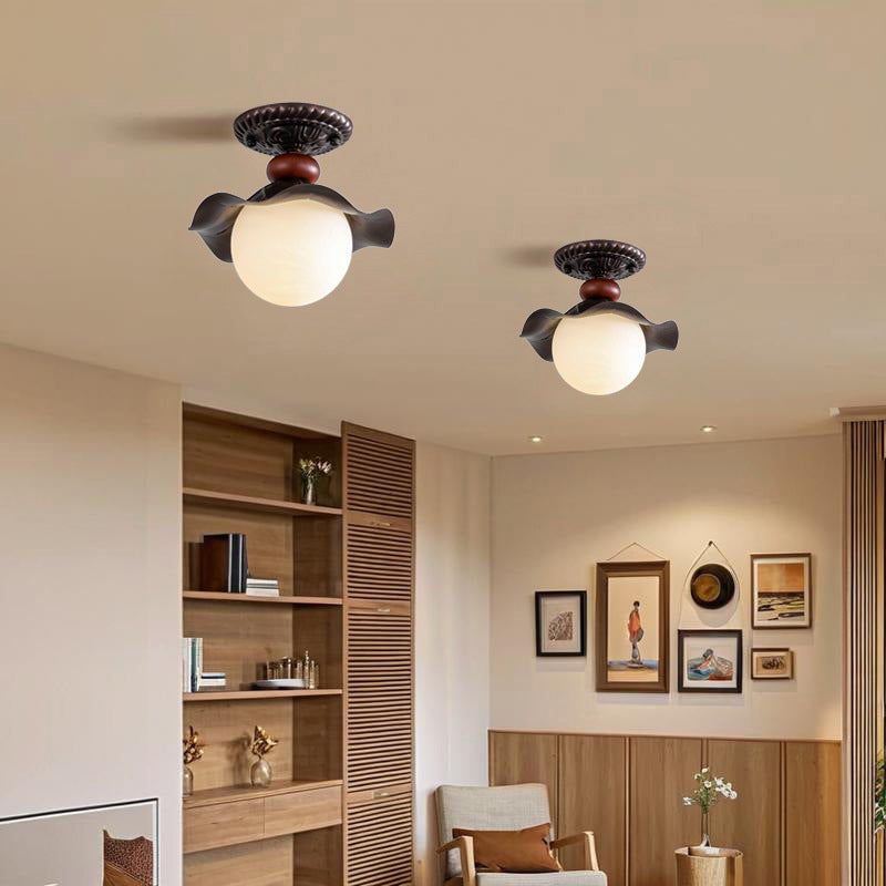 French Iron Corrugated Orb 1-Light Ceiling Light